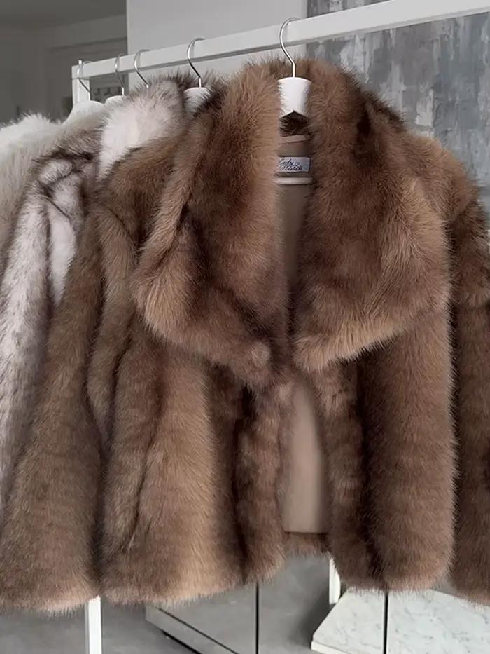 Chaud revers col recadrée manteaux courts femmes mode fausse fourrure à manches longues manteaux ouverts dame automne hiver Flush Chic vestes décontractée