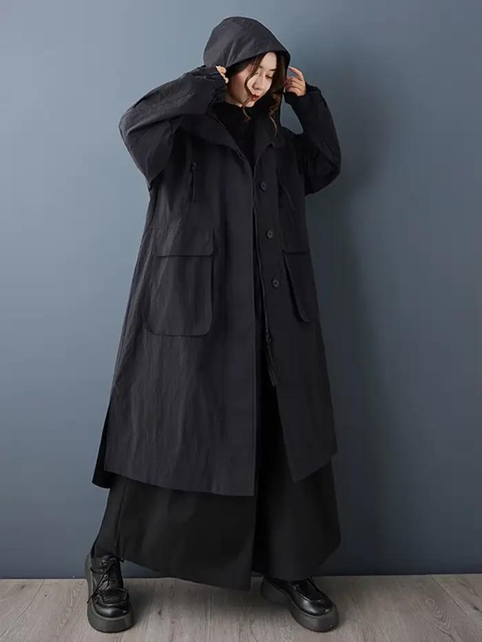 Manteau long oversize noir vintage à capuche zippé pour femme – Nouvelle collection décontractée et ample, vêtement d'extérieur tendance printemps-automne 2026
