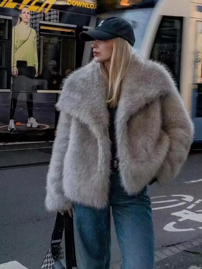 HH femmes mode fausse fourrure veste Vintage col rabattu à manches longues manteau automne hiver femme élégant Streetwear
