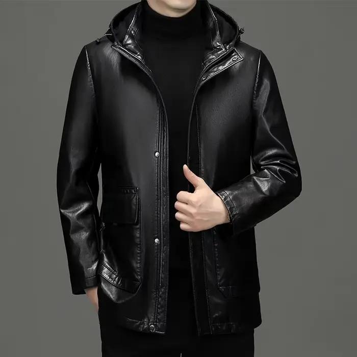 Veste à capuche en cuir véritable pour hommes, manteau en peau de mouton, coupe-vent masculin, doudoune d'hiver, manteau en duvet de canard