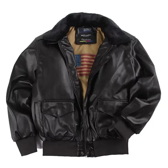 Hommes veste en cuir pu bombardier vol us air force pilote A2 hiver rembourré vintage letterman punk fourrure moto militaire