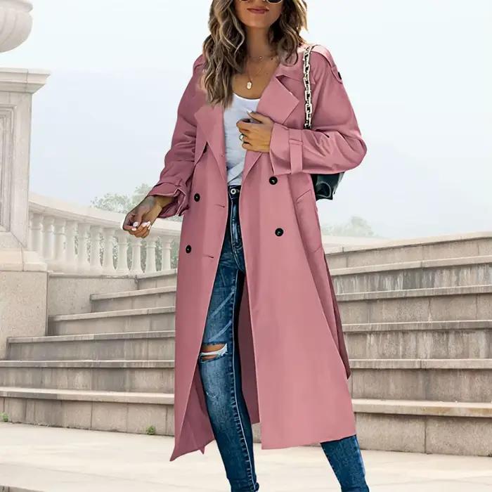 Manteau long coupe-vent à double boutonnage pour femmes
