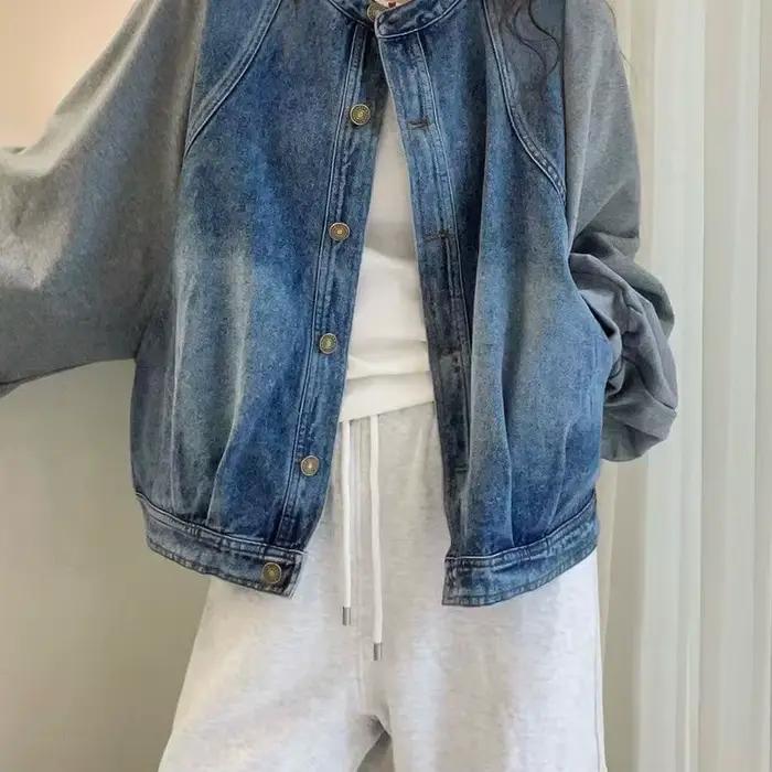 Faux deux-pièces assemblés Veste en jean pour femme, style européen, nouvelle collection printemps 2025, hauts amples et tendance pour femme