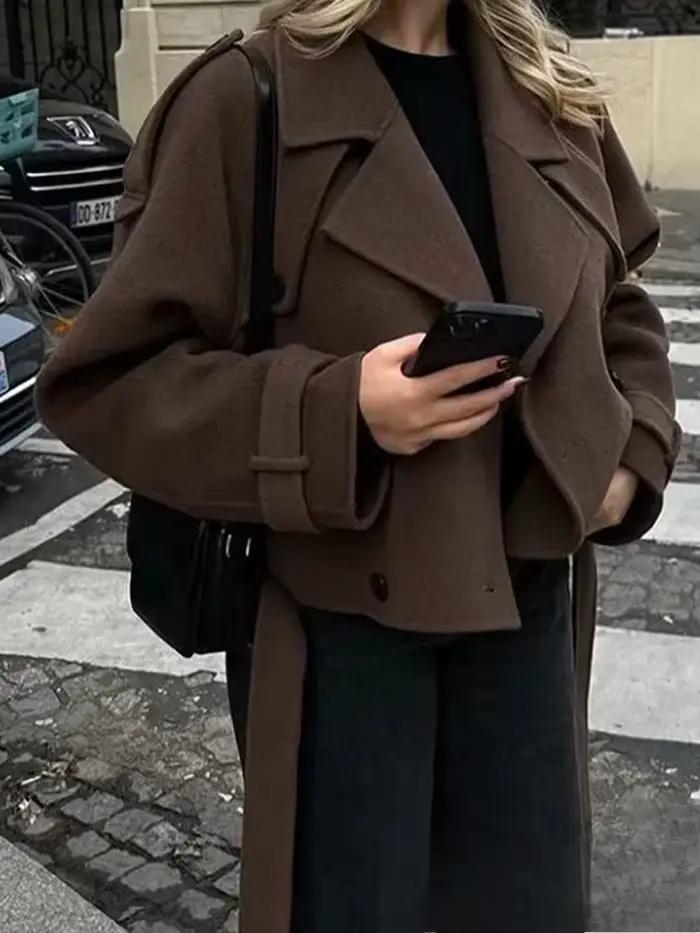 KONDALA Vintage femmes vestes marron solide col rabattu Double boutonnage ceinture à manches longues manteau mode 2025 automne vêtements d'extérieur