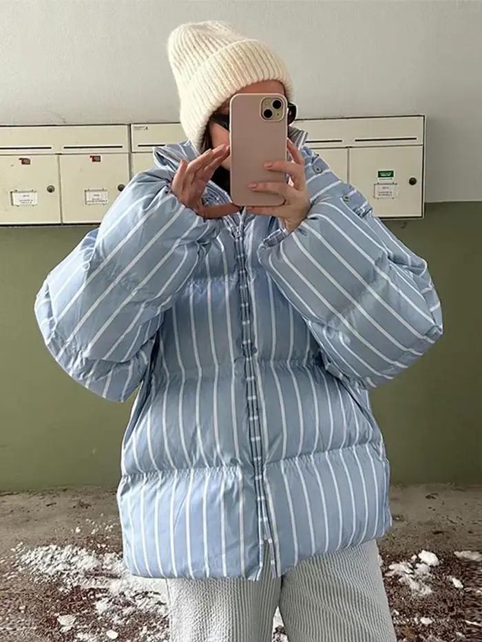 Vestes en coton à rayures Chic pour femmes, Vintage, à capuche, fermeture éclair, manches longues, rembourrées, manteaux d'hiver, vêtements d'extérieur, 2025