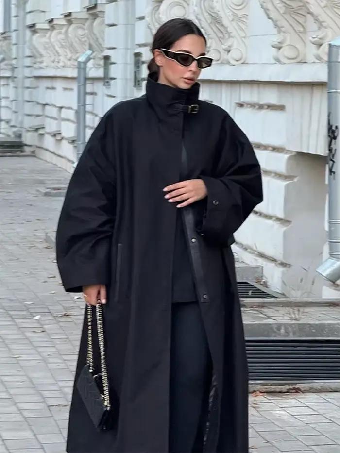 Trench-Coat noir à col montant pour femme, coupe-vent ample à manches longues, simple boutonnage, à la mode, vêtements d'extérieur de rue, automne 2025