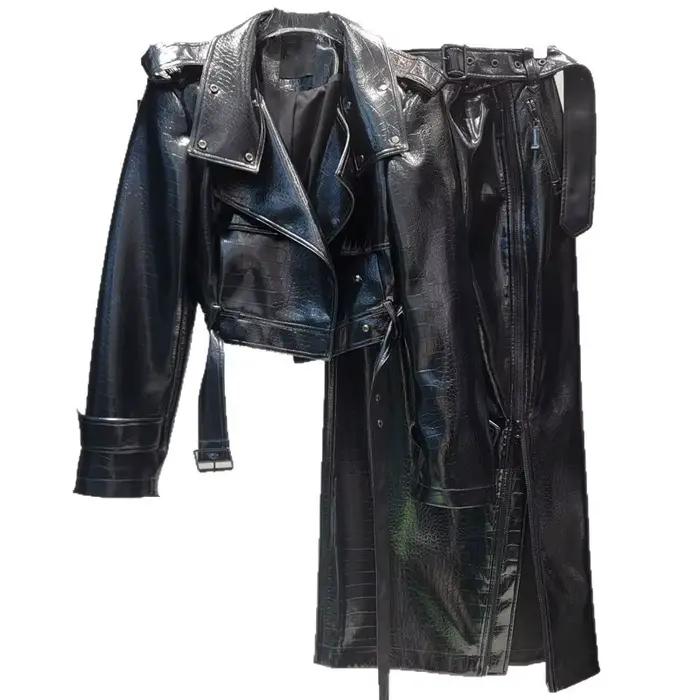 Veste courte en cuir PU KUCLUT avec col rabattu et patch-work pour femmes style moto et occasions spéciales