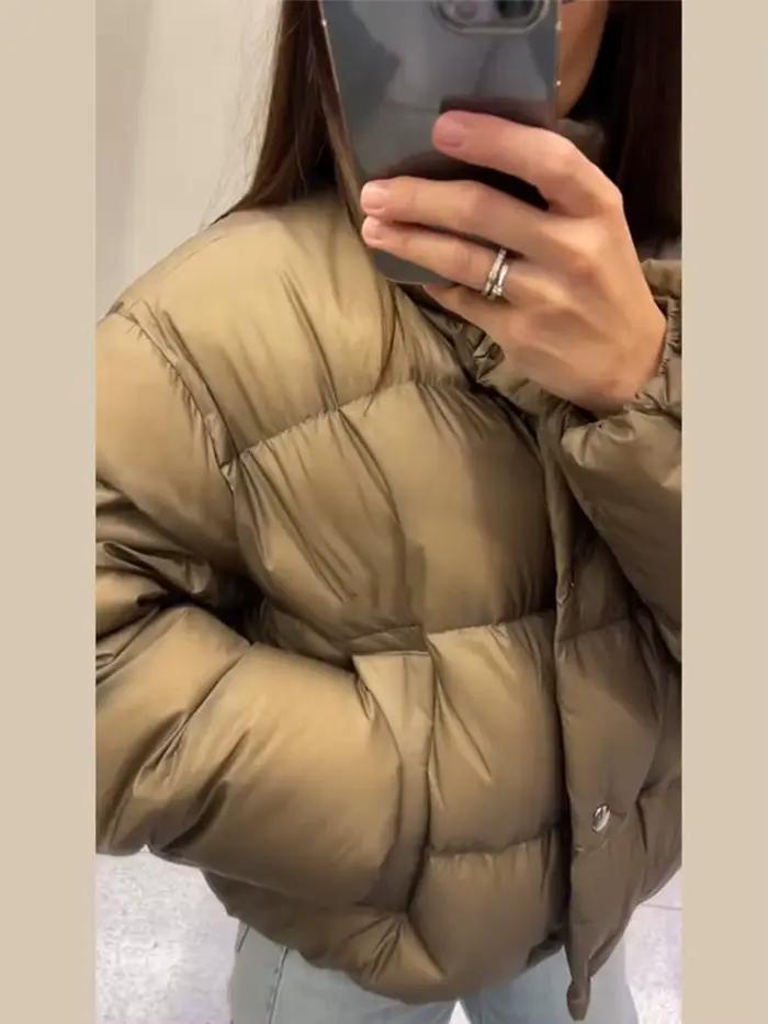 Manteau décontracté à col montant pour femme vintage mode bouffante simple boutonnage manteaux rembourrés chic vêtements d'extérieur de rue hiver 2025