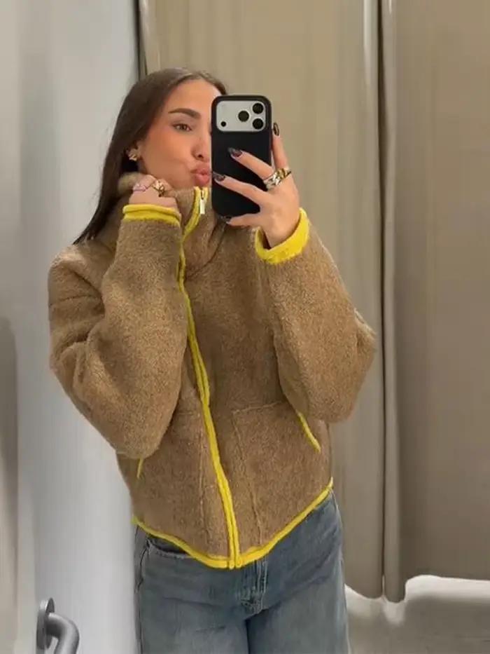 Manteaux pour femmes élégant col en v poignets en peluche à lacets manches en fausse fourrure manteau ouvert femme 2025 automne hiver mode dame streetwear