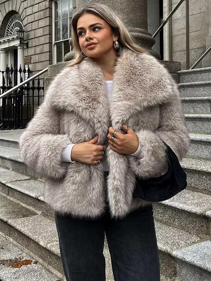 HH 2025 manteaux d'hiver pour femmes mode nouvelle fausse fourrure manches longues manteau ample femme polyvalent haute
