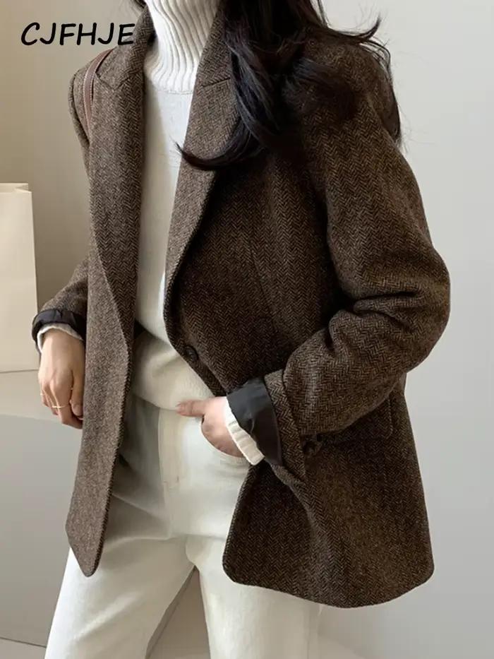 CJFHJE-Blazer en Laine Grise pour Femme, Veste Élégante à Simple Boutonnage, Poches, Tenue de Bureau, Col Cranté, Optique, Automne Hiver