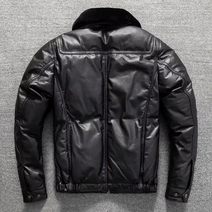 Doudoune en cuir noir pour homme, Style décontracté, grande taille 5XL, véritable peau de mouton naturelle, épais et chaud, col en laine, manteau en cuir, hiver
