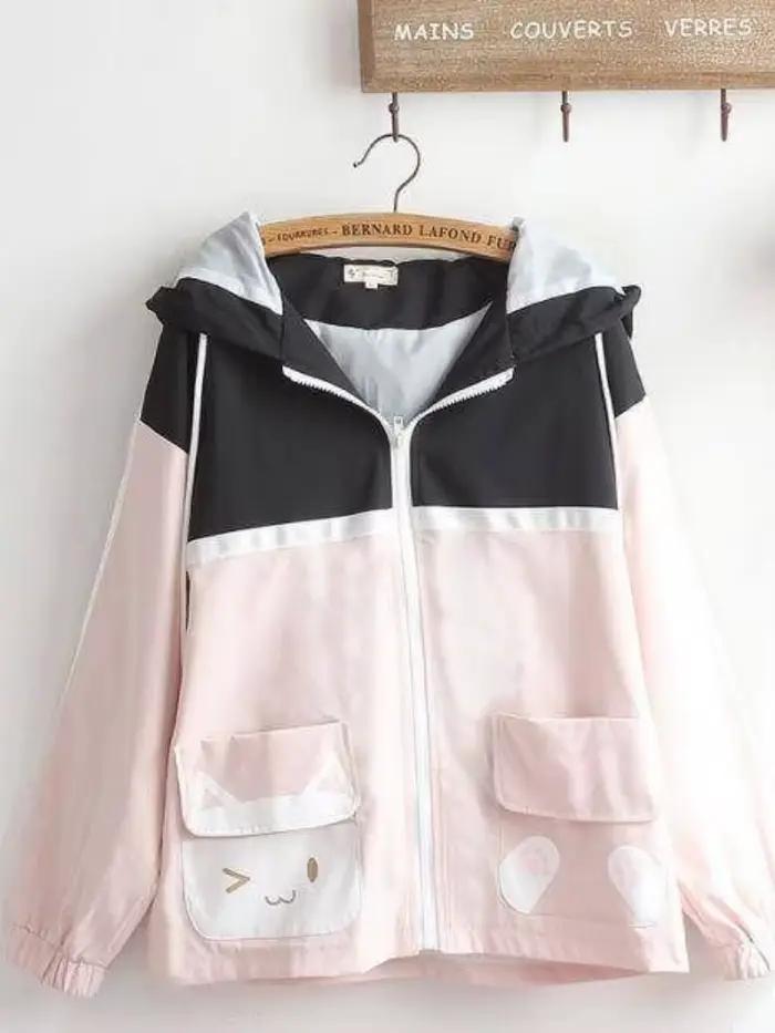 Xgoth japon doux fille veste ample automne Kawaii chat oreille à capuche Cardigan frais mignon chat poche haut Preppy couleur correspondant manteau