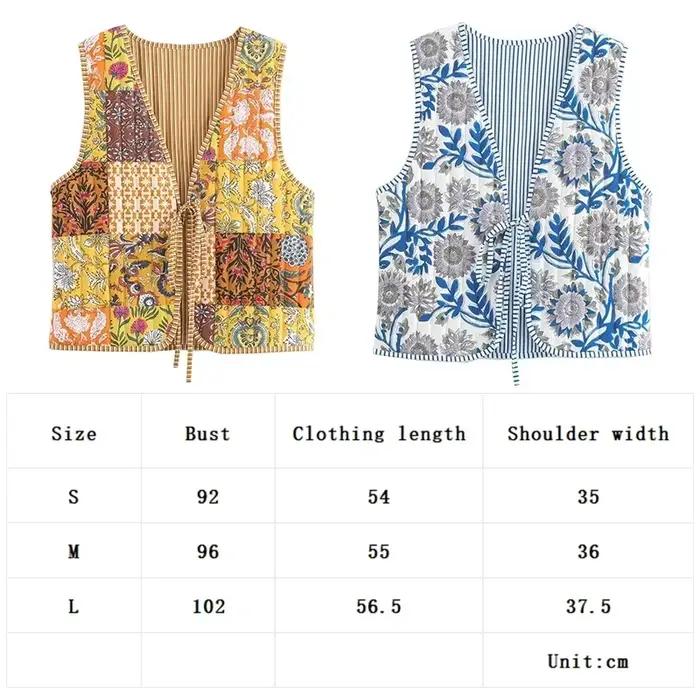 Gilet matelassé sans manches pour femme style ethnique floral patchwork lacage à la taille chic 2024 toutes saisons