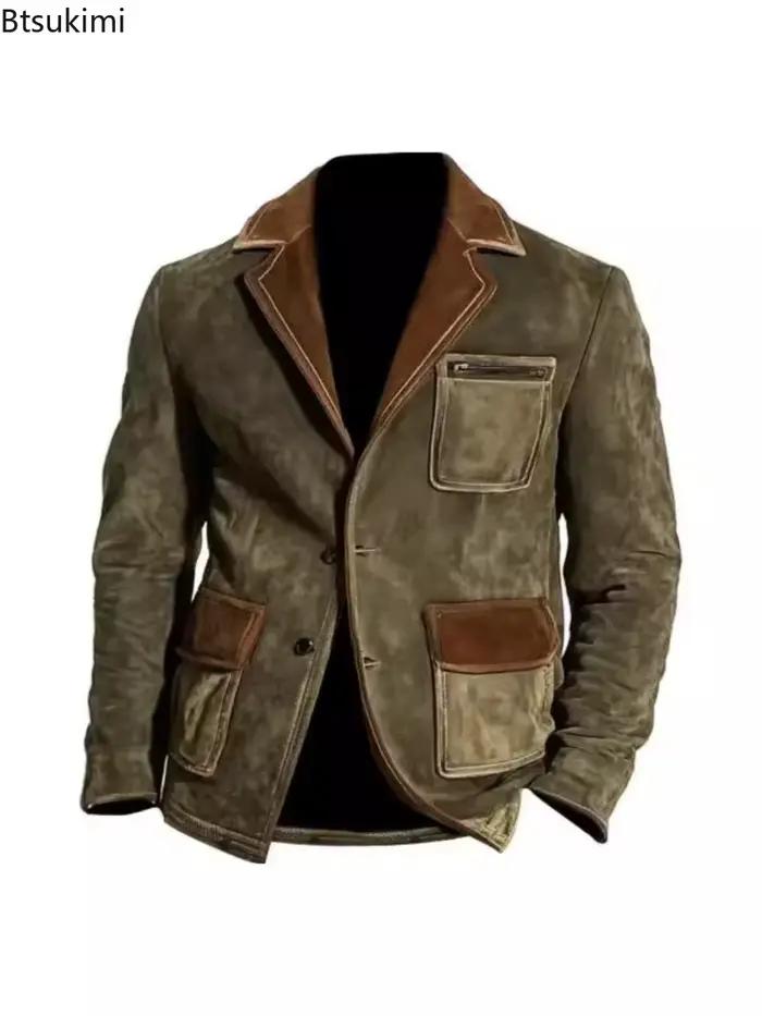 Hommes Vintage Patchwork revers boutonné vestes mode poches velours veste manteau