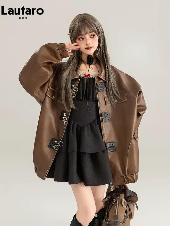 Veste en simili cuir PU marron pour femme, design vintage et luxueux, style épaule tombante, manches longues, fermeture éclair, confortable pour toutes les saisons, occasions spéciales et mode