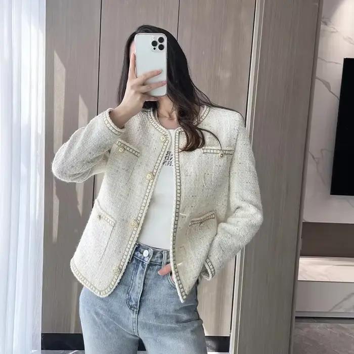 Manteau court en tweed pour femme, col rond, simple boutonnage, veste à carreaux adt, vêtements d'extérieur, nouveauté, 2024