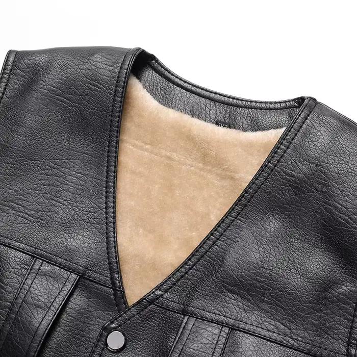 Gilet en cuir polaire épais et chaud pour homme, manteau à col en v, simple boutonnage, vêtements d'extérieur décontractés, hiver 2024