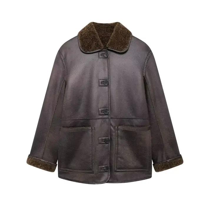 HH 2024 femme manteaux réversibles marron col rabattu manches longues poches simple boutonnage vestes d'hiver