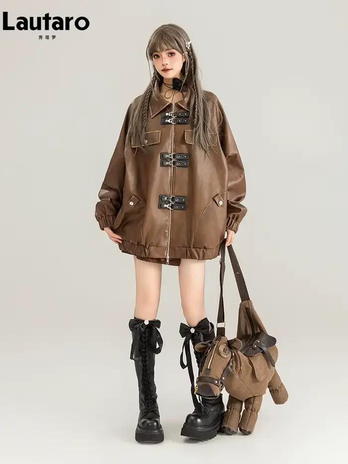 Veste en simili cuir PU marron pour femme, design vintage et luxueux, style épaule tombante, manches longues, fermeture éclair, confortable pour toutes les saisons, occasions spéciales et mode