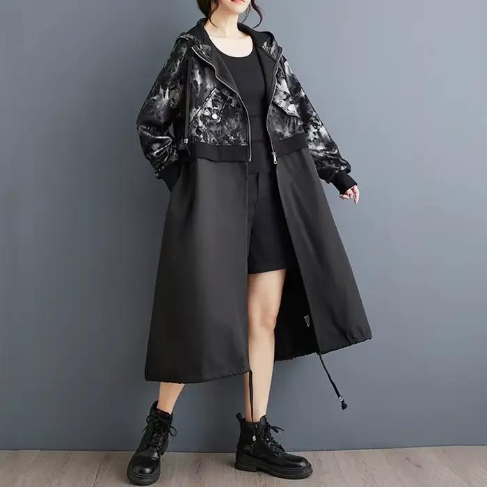Trench-coat surdimensionné à manches longues pour femmes, noir, vintage, décontracté, ample, automne printemps, vêtements d'extérieur, 2025