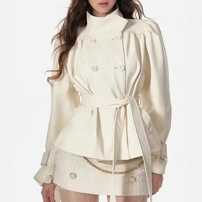 Trench-Coat à col montant pour femme, couleur unie, cuir défini à la taille, Double boutonnage, Style haut de gamme, nouvelle Collection automne 2025