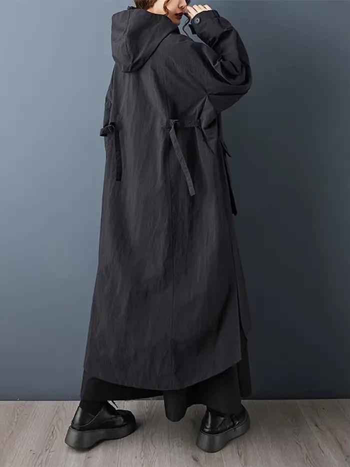 Manteau long oversize noir vintage à capuche zippé pour femme – Nouvelle collection décontractée et ample, vêtement d'extérieur tendance printemps-automne 2026