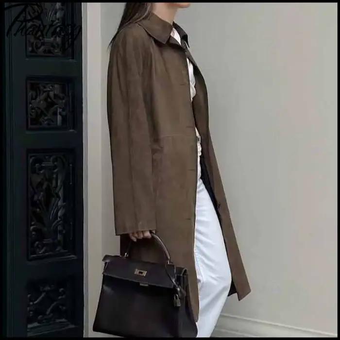 Veste en daim ample vintage pour femme, élégante, marron, à manches longues, style trench-coat, pour le bureau ou le streetwear, tenues automne-hiver 2026