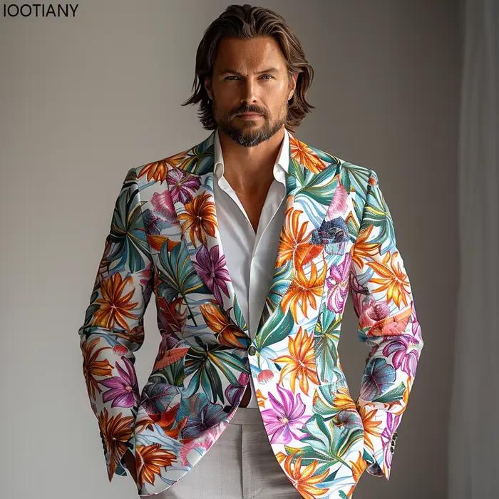 Veste à imprimé floral pour hommes, vestes jacquard colorées, blazer à revers décontracté d'affaires, performance de mariage, tenue de scène de boîte de nuit
