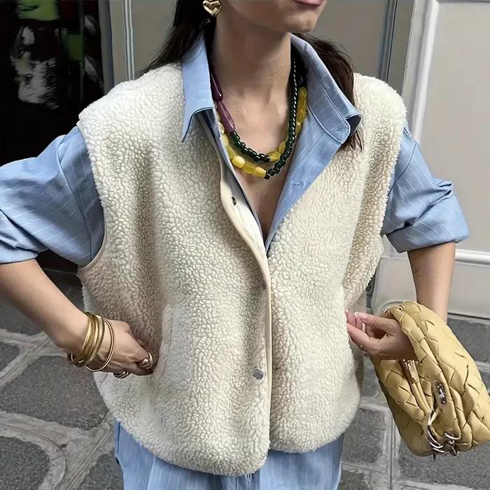 Veste sans manches rétro en peau de mouton pour femme, style court, blazer, pull, col en V