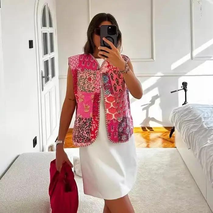 Gilet matelassé sans manches pour femme style ethnique floral patchwork lacage à la taille chic 2024 toutes saisons