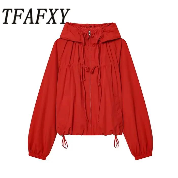 TFAFXY Blouson Bomber Femme Ample à Capuche et Manches Longues avec Cordon de Serrage et Fermeture Éclair