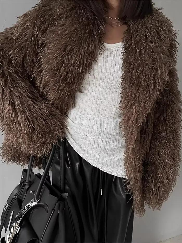 Manteaux de fourrure moelleux de rue pour femmes, mode revers, manches longues, fausse fourrure de renard, vêtements d'extérieur courts, vestes amples, automne hiver 2025