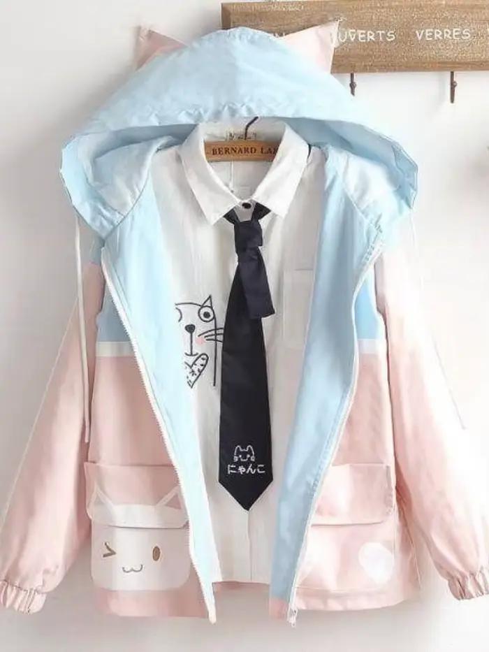 Xgoth japon doux fille veste ample automne Kawaii chat oreille à capuche Cardigan frais mignon chat poche haut Preppy couleur correspondant manteau