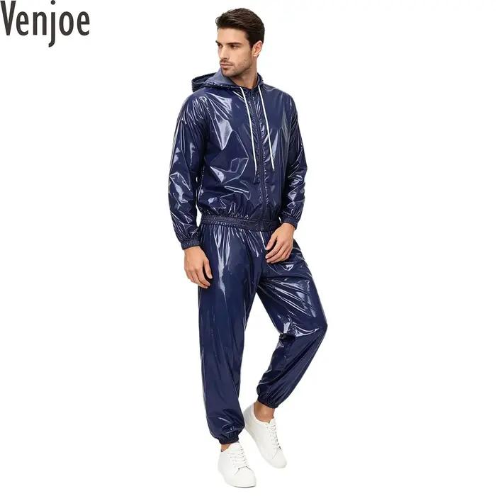 Ensemble de survêtement brillant imperméable pour hommes et femmes, tenue de sauna, veste à capuche zippée, coupe-vent, pantalon de jogging