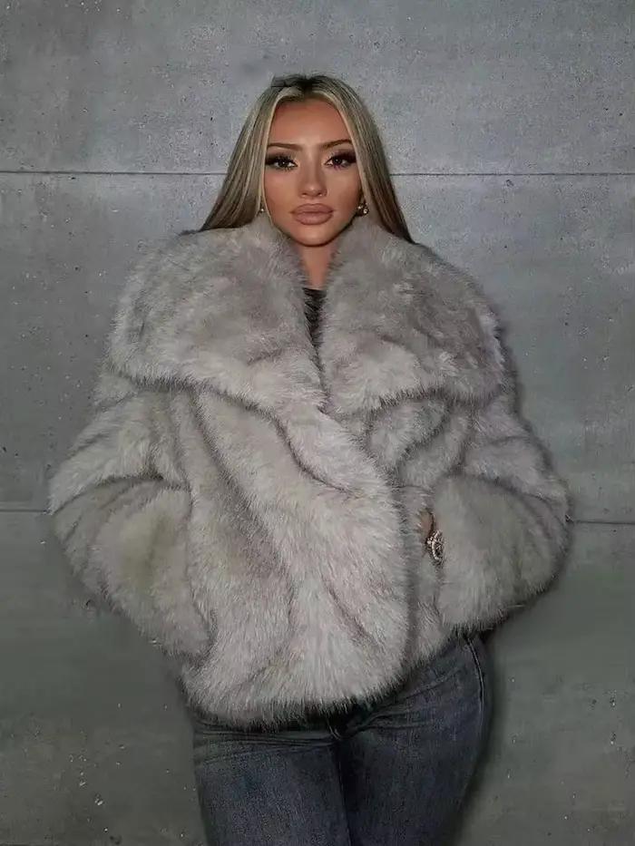 HH femmes mode fausse fourrure veste Vintage col rabattu à manches longues manteau automne hiver femme élégant Streetwear