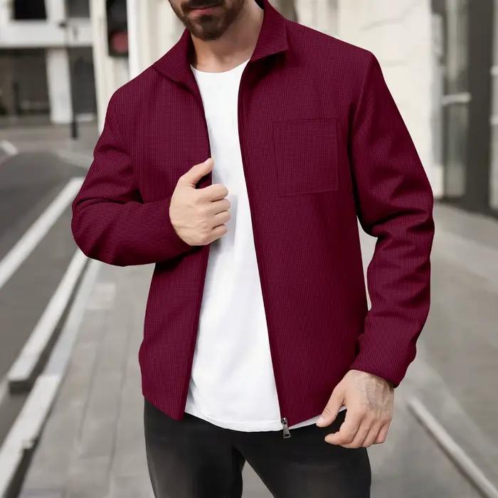 Veste zippée en tricot gaufré pour homme - Manteau léger décontracté à manches longues avec col rabattable et poche poitrine