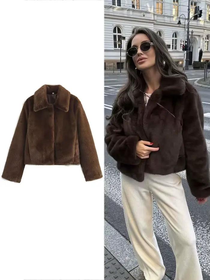 HH femmes décontracté marron court fausse fourrure manteau col rabattu à manches longues veste 2025 automne hiver ample haute rue vêtements d'extérieur
