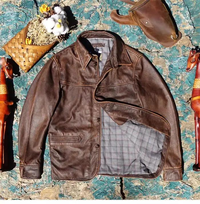 Veste en cuir véritable YR!Top.Retro Brown classique vintage pour homme style années 1920 décontracté à col rabattu pour toutes saisons et occasions voyage