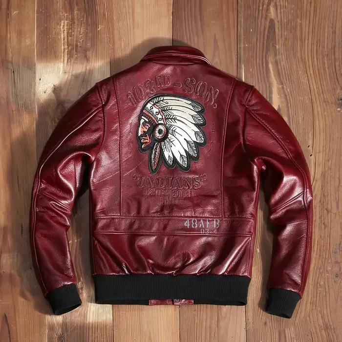 Vol A2 pilote indien cuir de vache moto vin rouge veste 100% peau