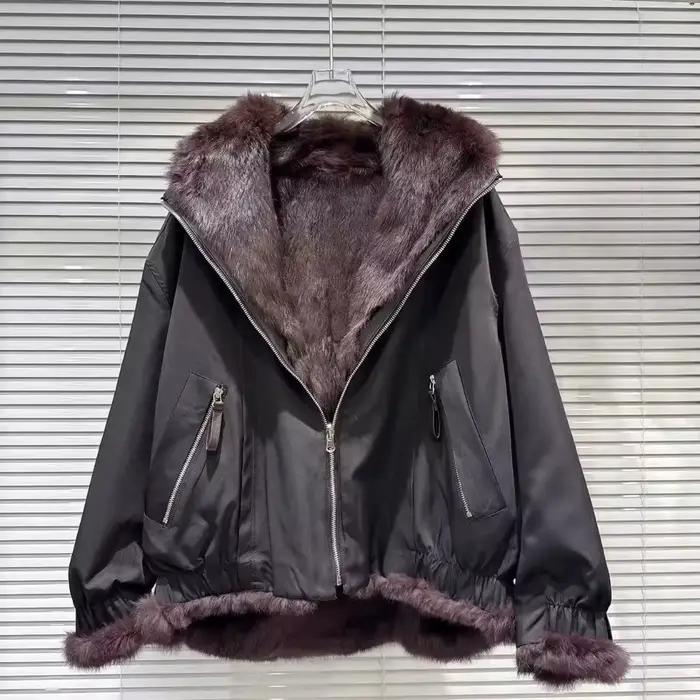 Parka avec fourrure pour femmes, manteau en fourrure réversible double face, veste courte chaude en fourrure de lapin véritable pour femmes, veste d'hiver pour femmes