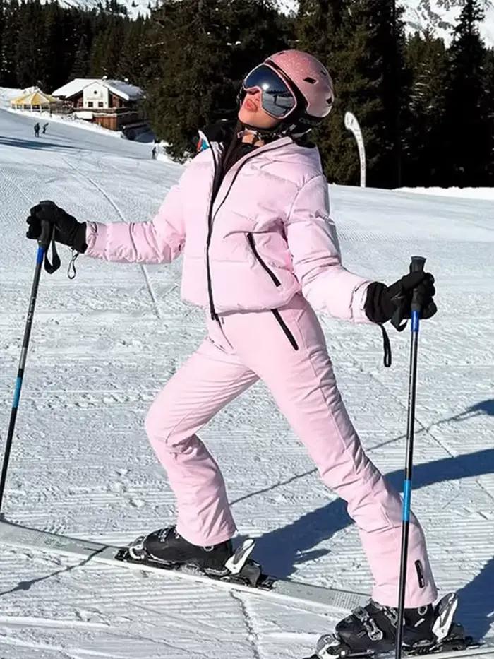 Mode fourrure à capuche ensembles de vêtements de Ski femmes col montant fermeture éclair manches longues veste pantalon droit 2025 hiver dame solide combinaison de Ski nouveau