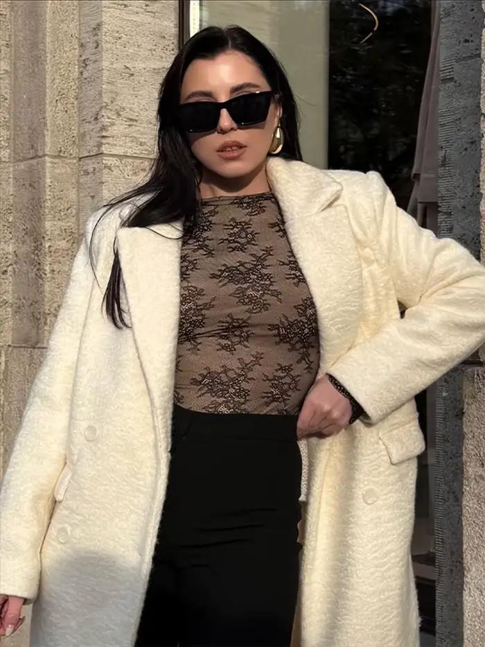 Manteau Femme Luxe Automne Hiver Polyester Lin Lache Col Rabattu Bouton Double Fermeture Occasions Formelles Informelles