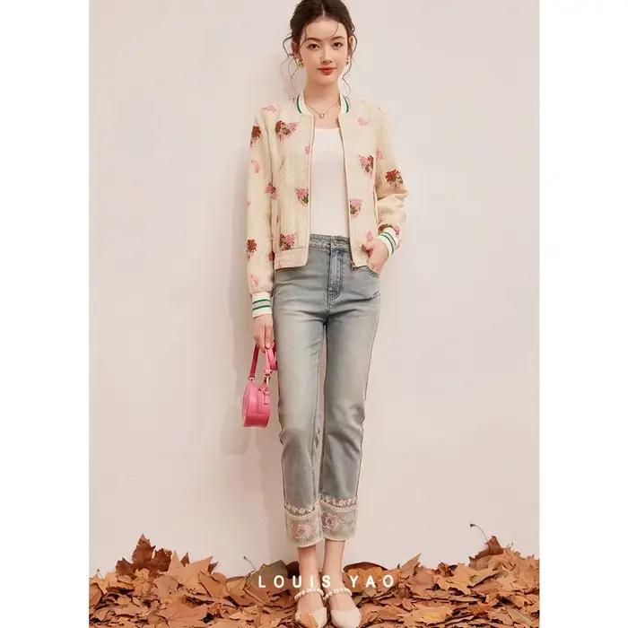 LOUIS YAO nouveau Style chinois Design fleur Jacquard veste femme 2025 printemps/automne haut décontracté Non extensible veste femme
