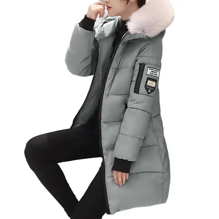 Mode femmes hiver coton manteau Parka épaissi rembourré en peluche à capuche mi-longue chaud fermeture éclair mince