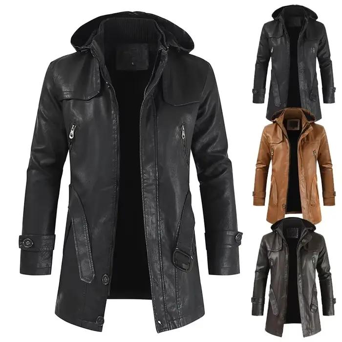 Manteau Long en cuir à capuche pour hommes