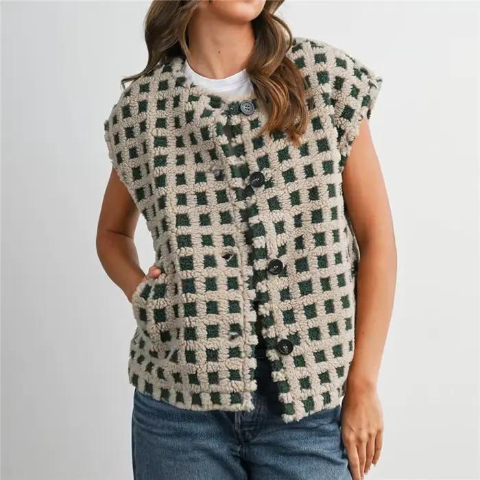 Manteaux gilet polaire pour femmes, printemps-automne, sans manches, col rond, motif écossais, boutonné complet, veste décontractée avec poches