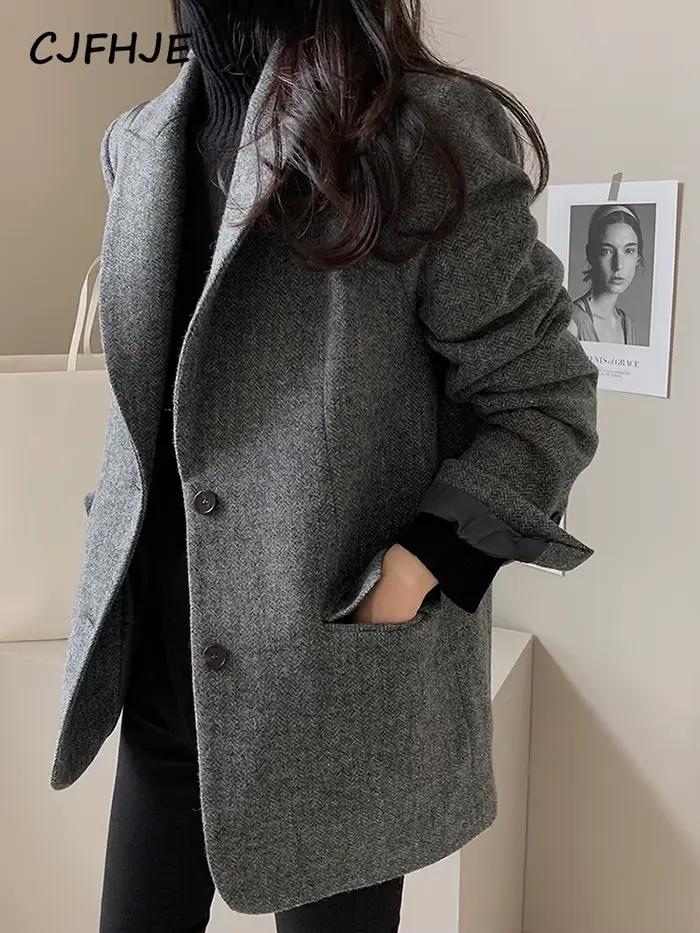 CJFHJE-Blazer en Laine Grise pour Femme, Veste Élégante à Simple Boutonnage, Poches, Tenue de Bureau, Col Cranté, Optique, Automne Hiver