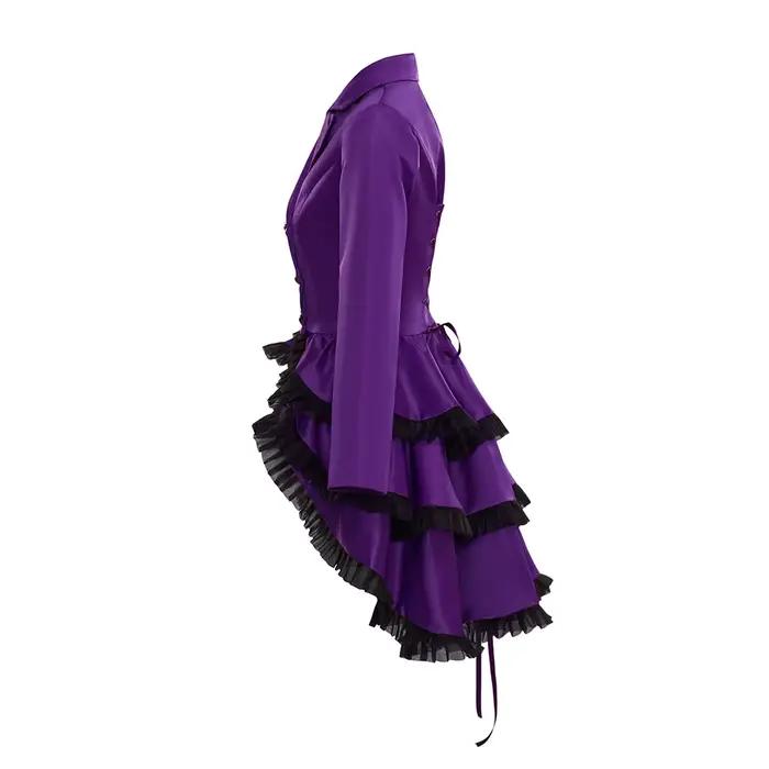 Veste gothique victorienne steampunk pour femmes, veste à queue-de-pie violette, robe gothique, ourlet à volants, costume médiéval pour Halloween et carnaval