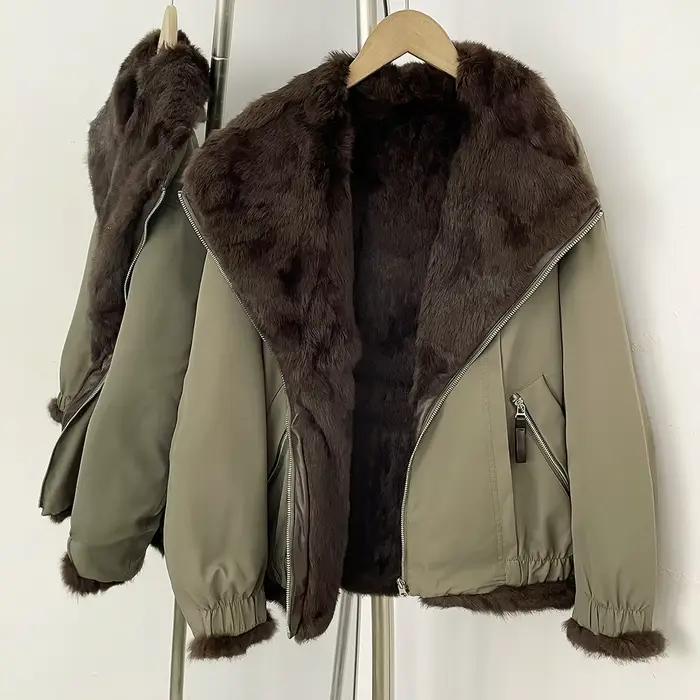 Parka avec fourrure pour femmes, manteau en fourrure réversible double face, veste courte chaude en fourrure de lapin véritable pour femmes, veste d'hiver pour femmes
